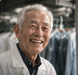 クリーニング店で笑顔を見せる年配の男性